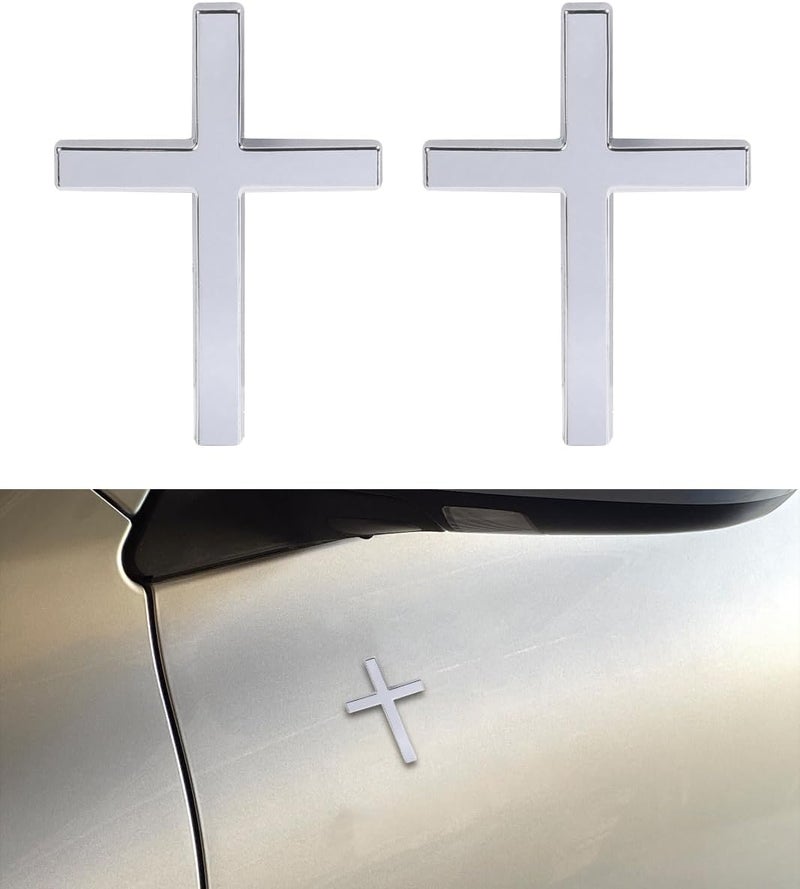SCUARI 2PCS 3D Cross Stickers,Car Accessories Decals for Vehicles,Self Adhesive Cross Metal Car Emblem,2.5"×1.8" Cross Jesus Automotive Decal,Suitable for Trunk Tailgate Side Decoration (Silver) - Image 1